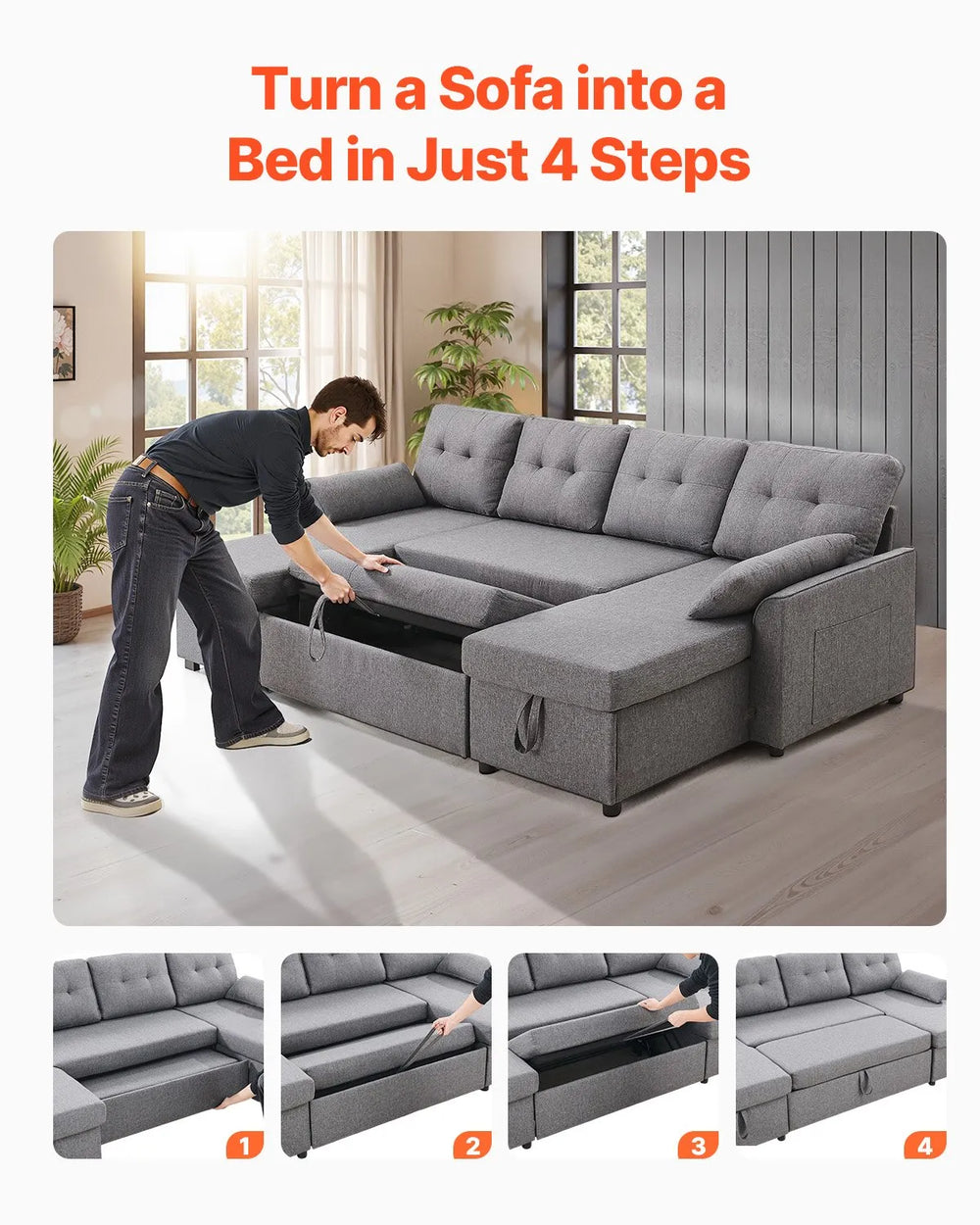 Vevor Sofa Bed U-Shaped 6-Seat Pull Out Sleeper Couch New