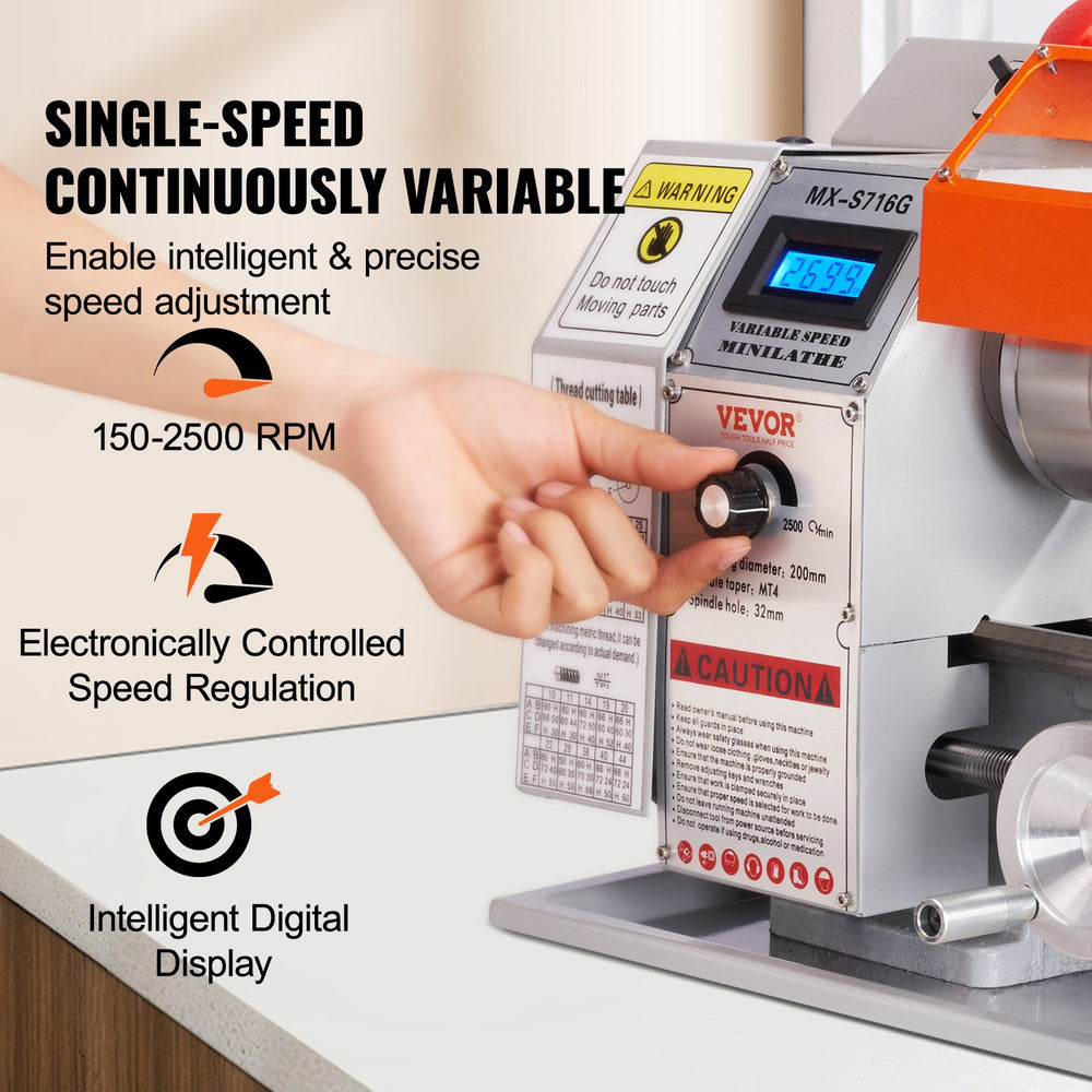 Vevor Mini Lathe 7" x 16" Metal Milling Variable Speed 150-2500 RPM 800W New