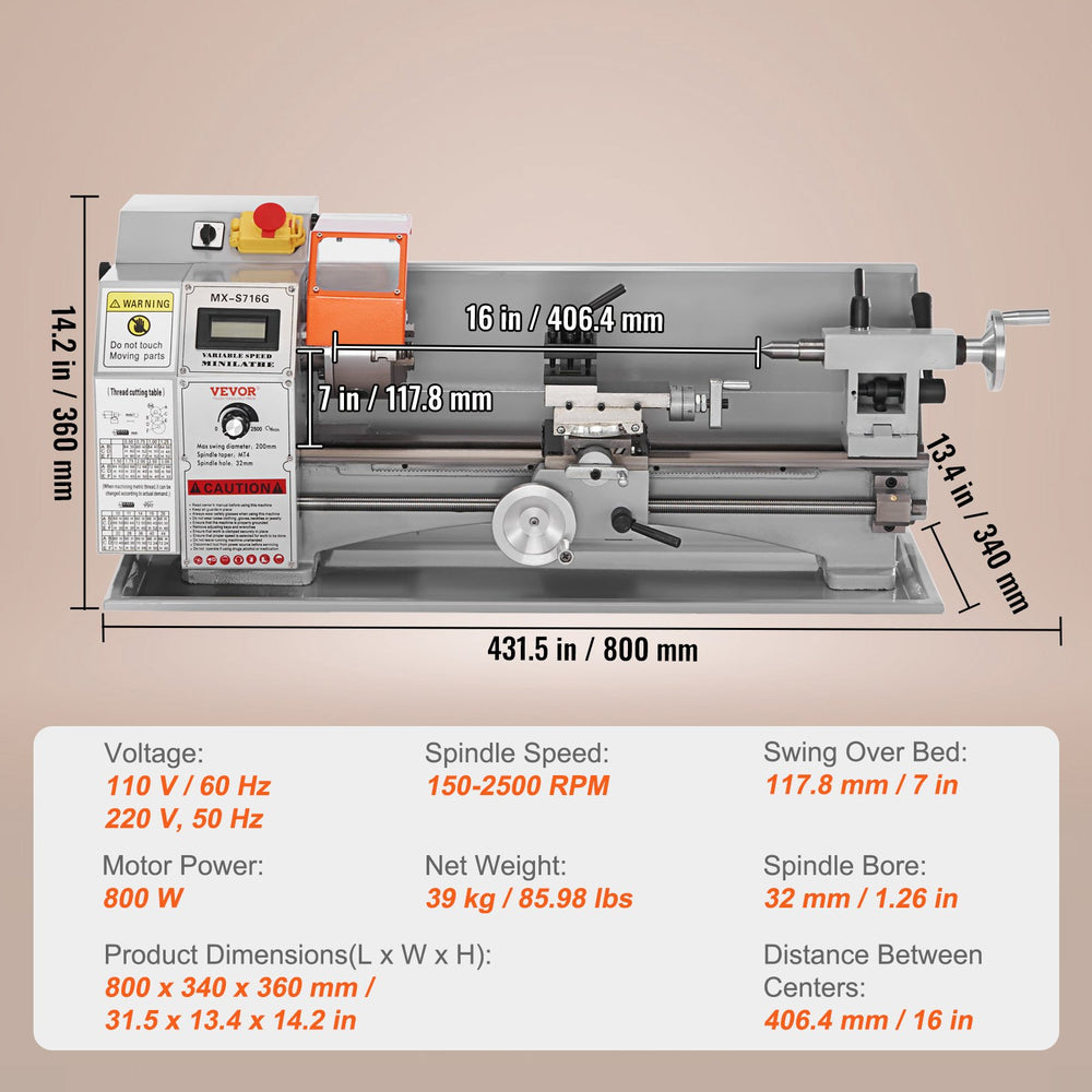Vevor Mini Lathe 7" x 16" Metal Milling Variable Speed 150-2500 RPM 800W New