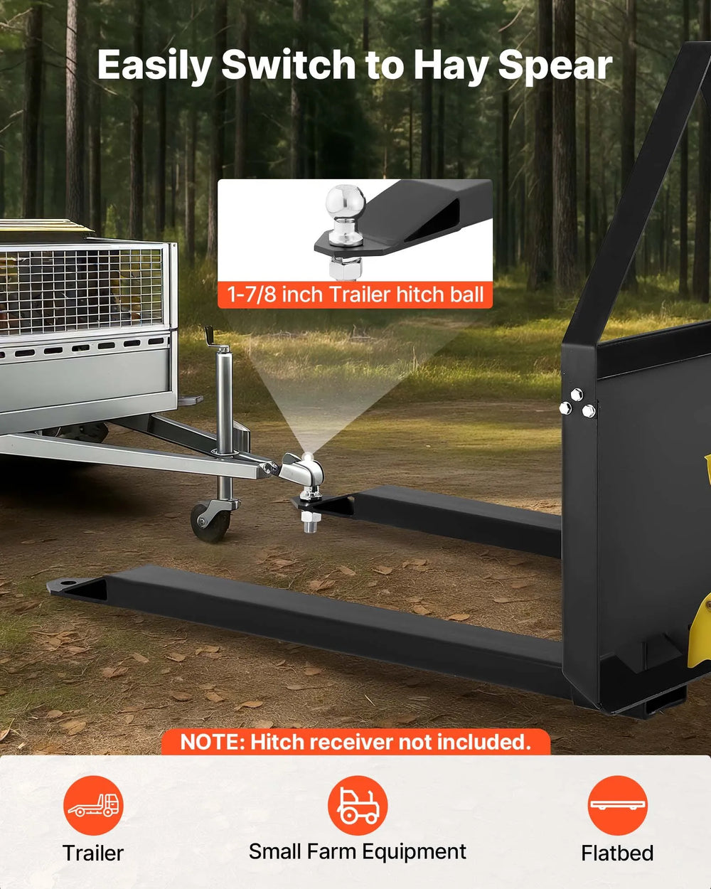 Vevor Skid Steer Pallet Forks with 48" Blades 1-7/8" Ball Hitch Receiver 2,600 lb. Capacity New