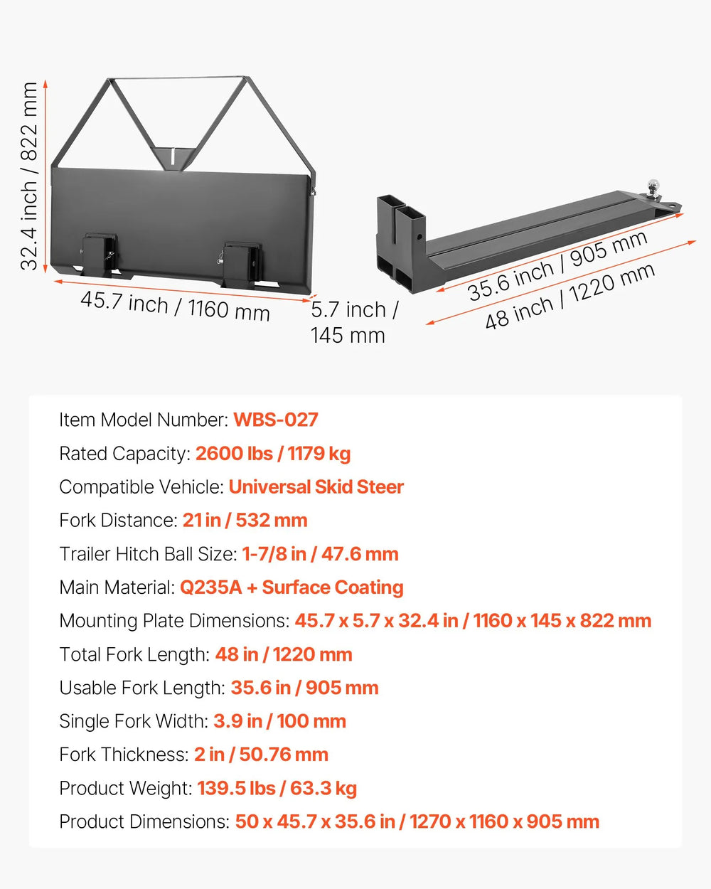 Vevor Skid Steer Pallet Forks with 48" Blades 1-7/8" Ball Hitch Receiver 2,600 lb. Capacity New