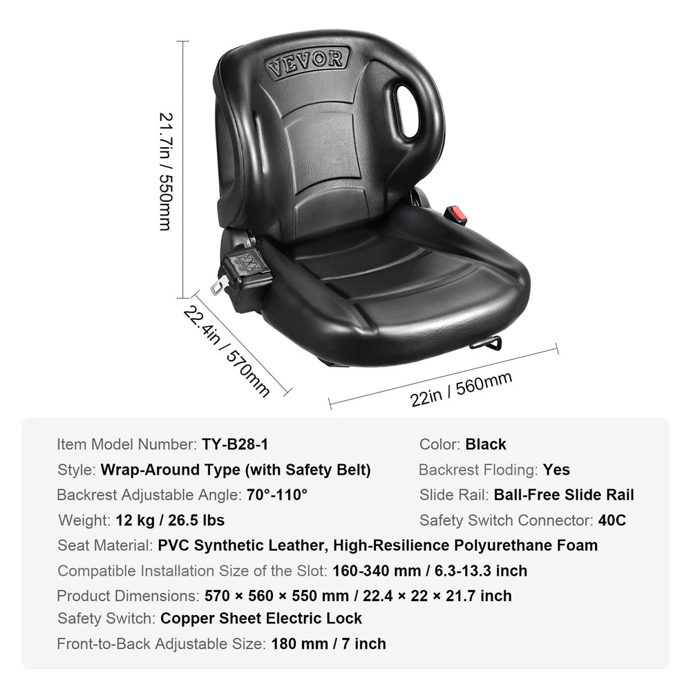 Vevor Universal Forklift Tractor Seat with Adjustable Angle Back Micro Switch Seatbelt Wrap-Around Black New