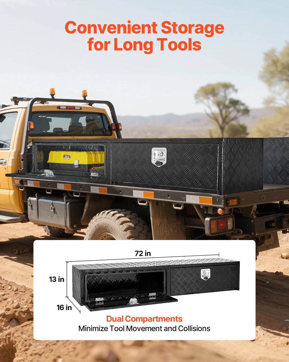 Vevor Truck Tool Box 72" x 16" x 13" Black Aluminum Dual Drop Doors Lockable New