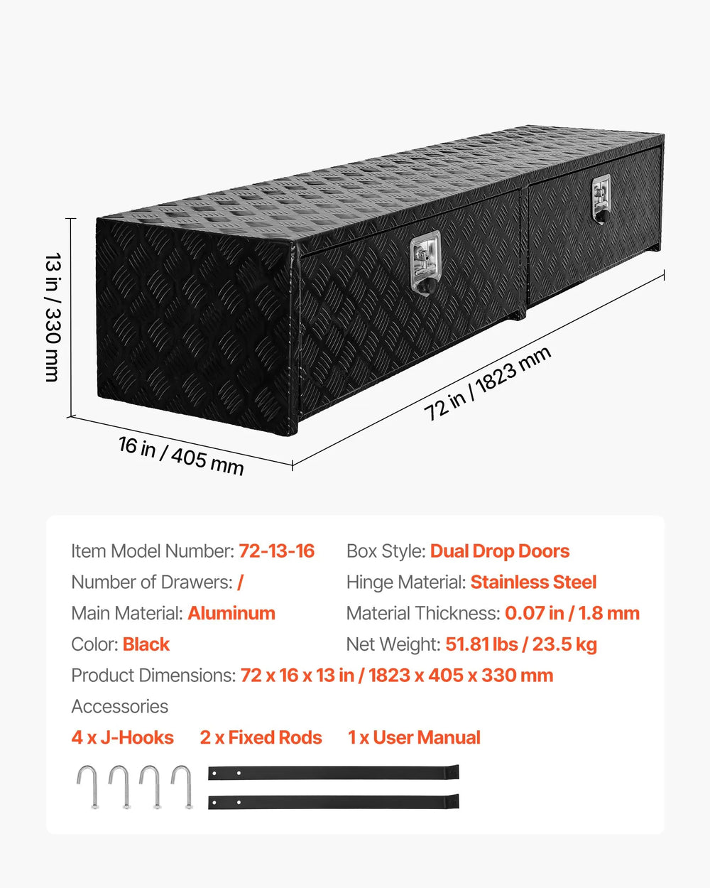 Vevor Truck Tool Box 72" x 16" x 13" Black Aluminum Dual Drop Doors Lockable New