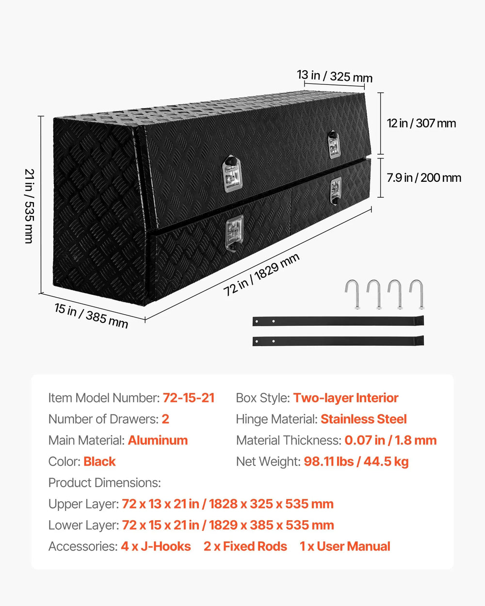 Vevor Truck Tool Box 72" x 13" x 21" with Dual Drawers Flip-Up Door Aluminum New