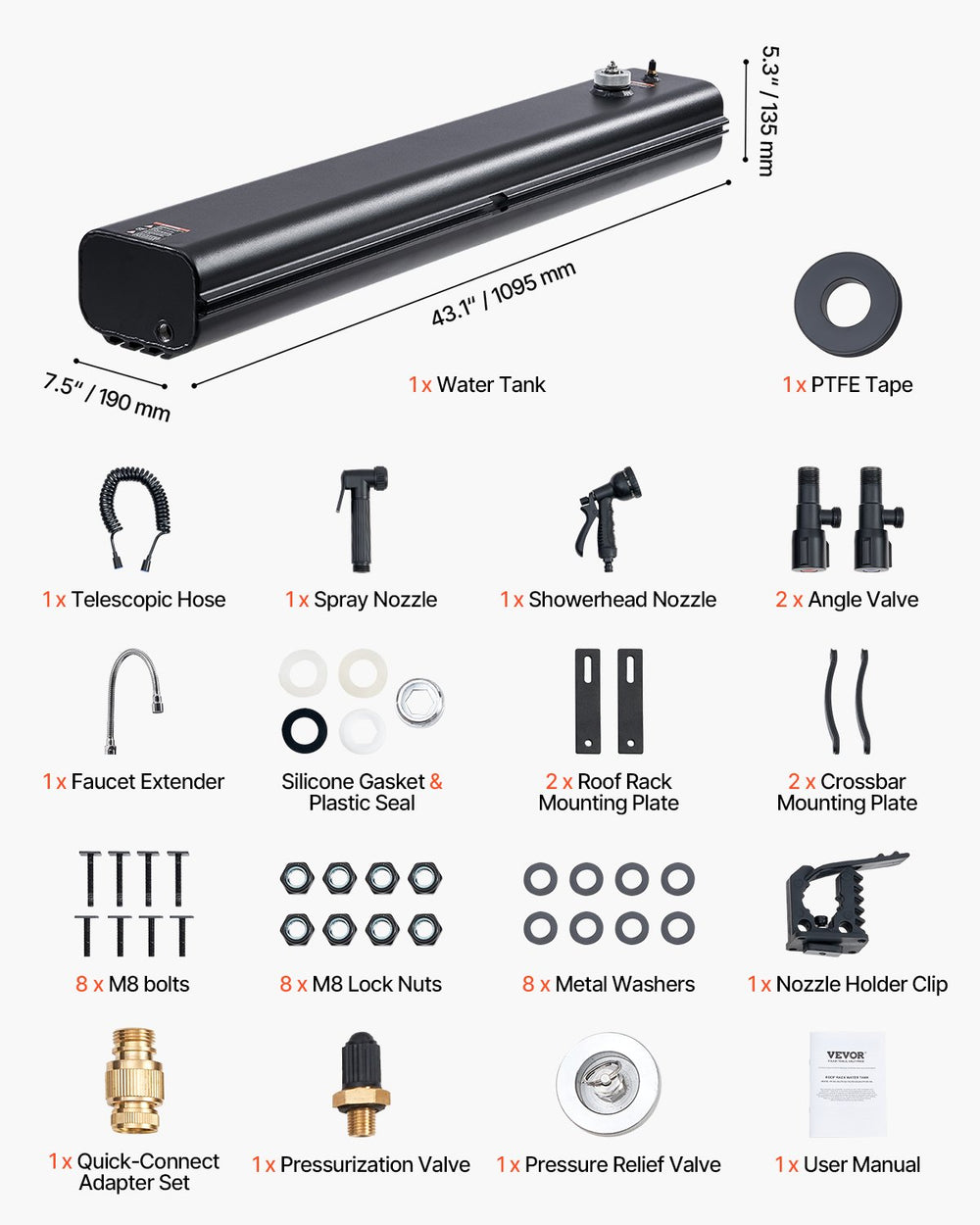 Vevor Roof Rack Water Tank 4.5 Gallon with Showerhead Splash-Guard Panels New