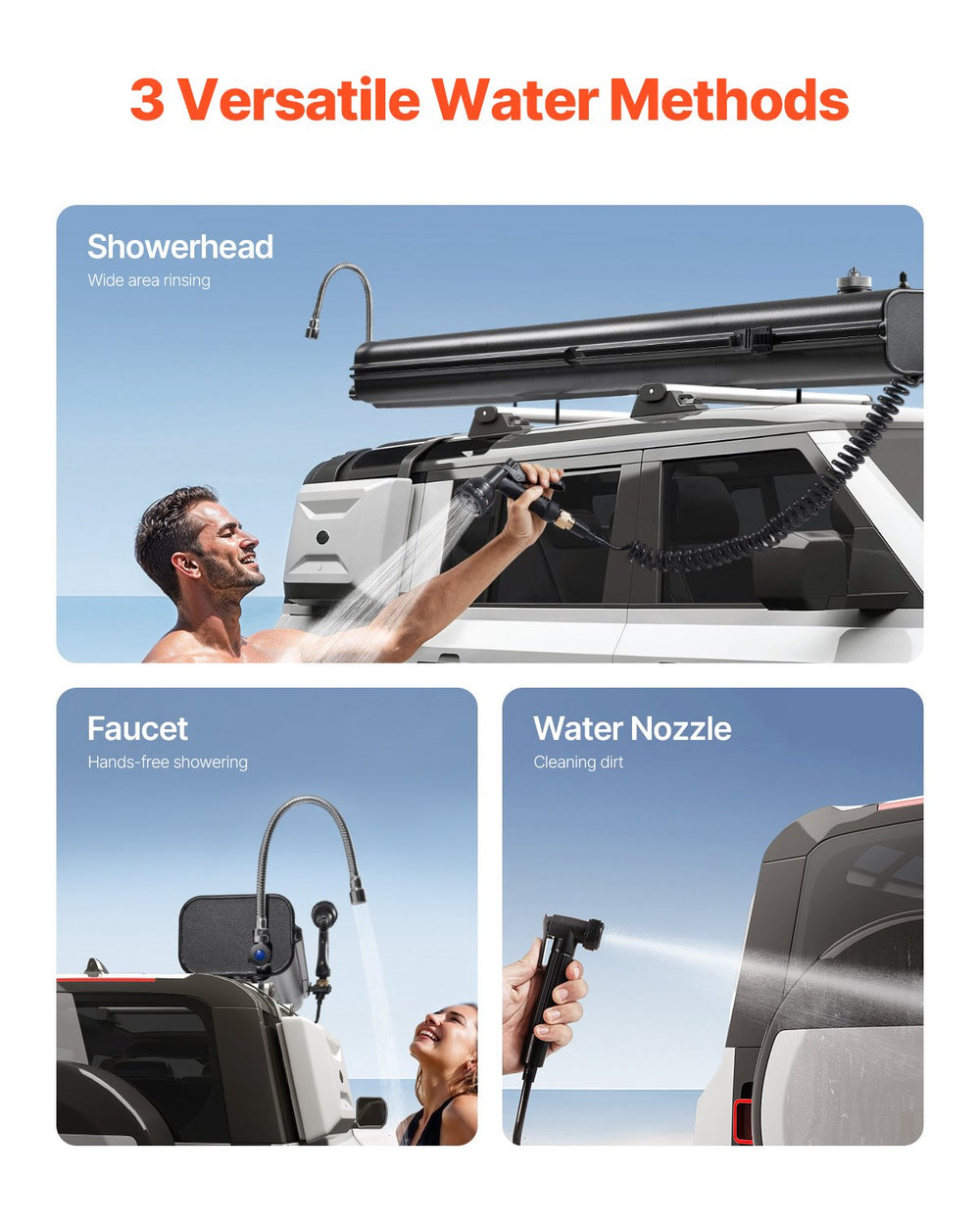 Vevor Roof Rack Water Tank 7 Gallon with Showerhead Splash-Guard Panels New