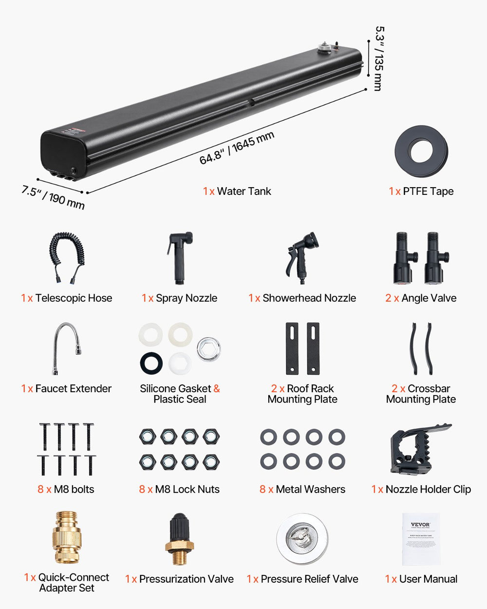 Vevor Roof Rack Water Tank 8 Gallon with Showerhead Splash-Guard Panels New