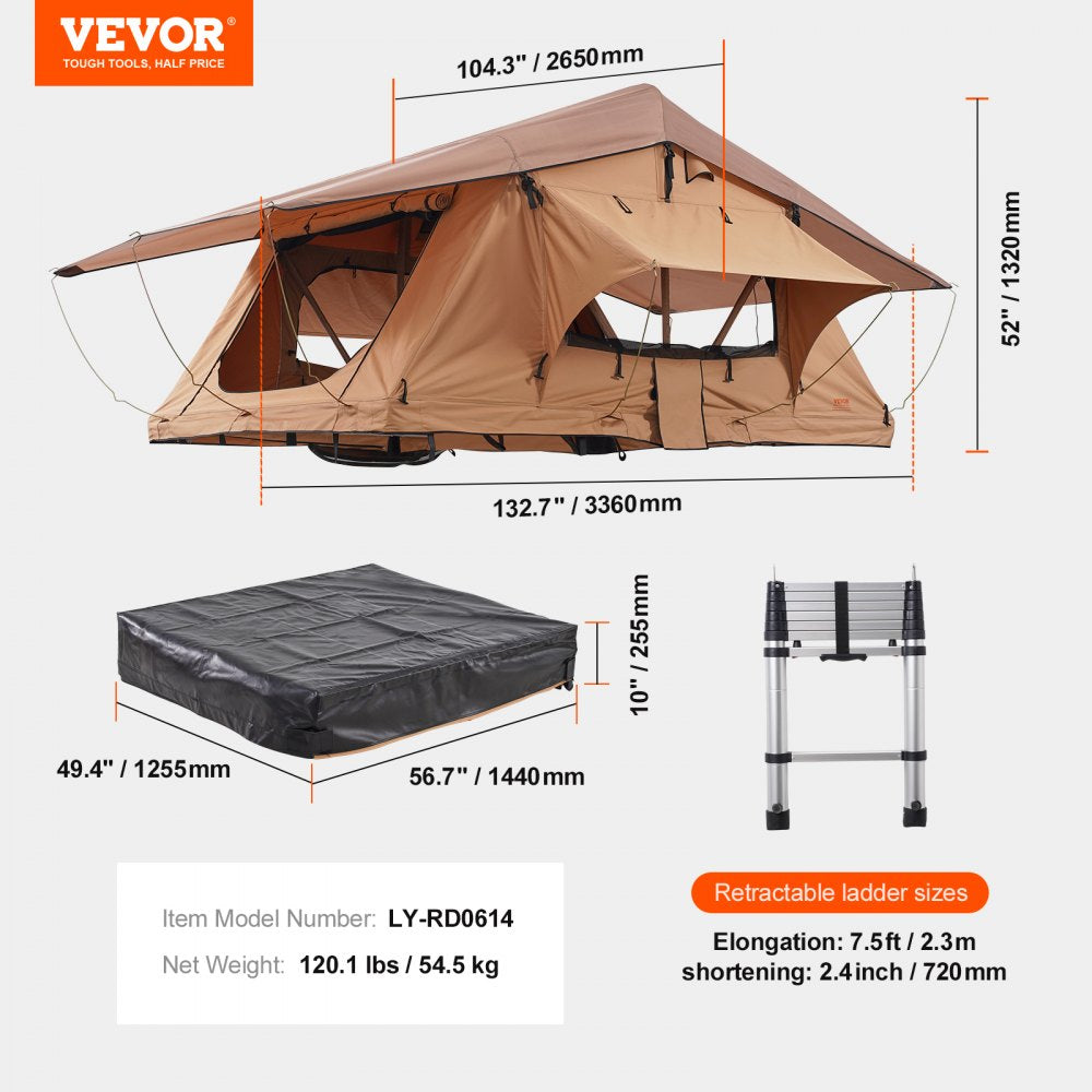 Vevor Rooftop Tent Square Hard Shell Waterproof for Jeep SUV Truck with Ladder New