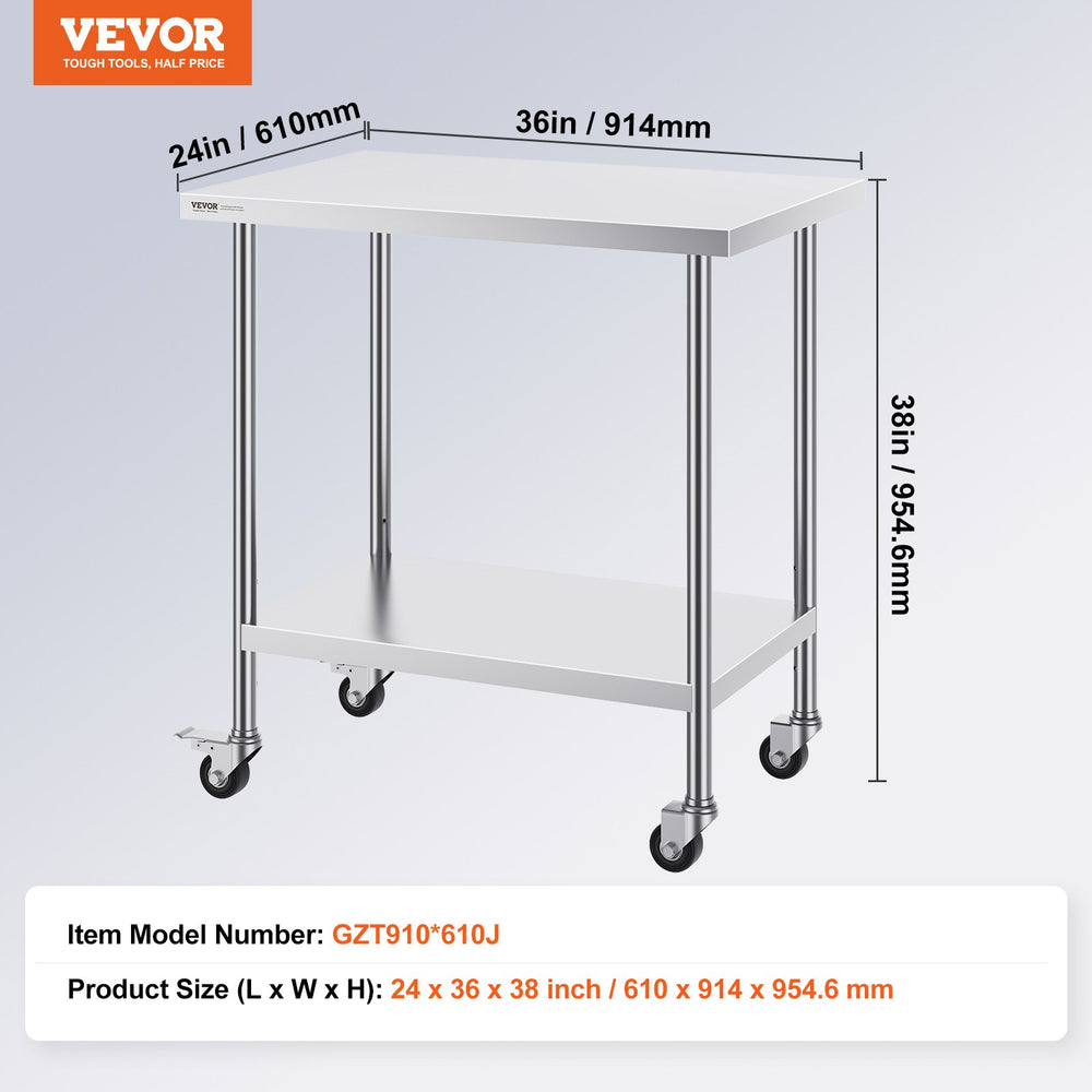 Vevor Prep Table Stainless Steel 24" x 36" Commercial Worktable with Wheels New