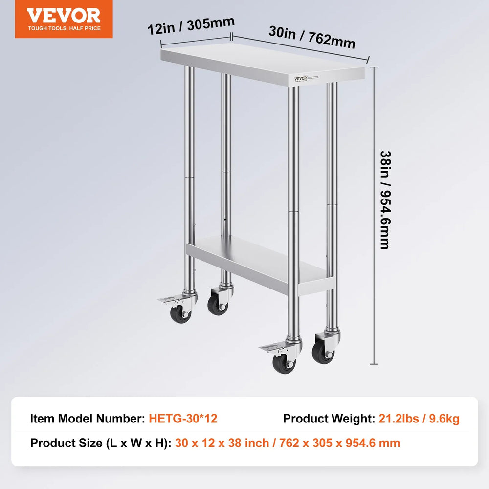 Vevor Work Table Stainless Steel 30" x 12" Commercial Food Prep with Wheels New