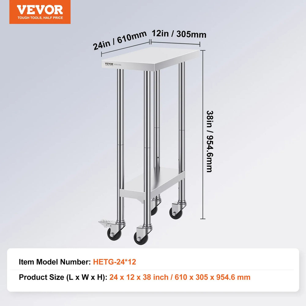 Vevor Stainless Steel Work Table 24" x 12" Mobile Food Prep Table New