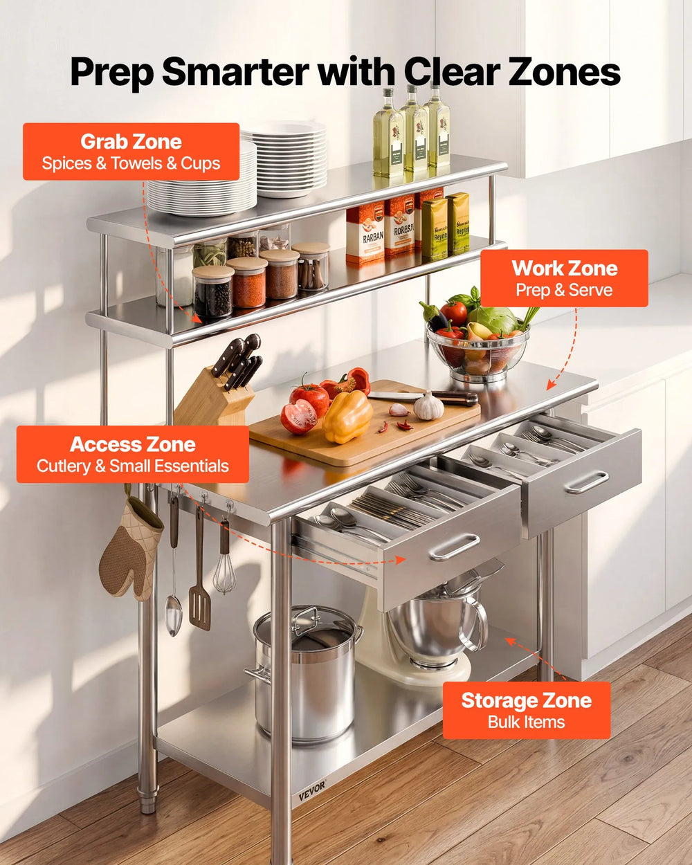 Vevor Work Table Stainless Steel 24" x 48" Food Prep Table with Overshelves and 2 Drawers New