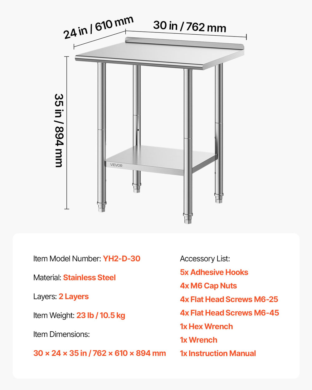 Vevor Prep Table 24" x 30" Stainless Steel Worktable with Backsplash New