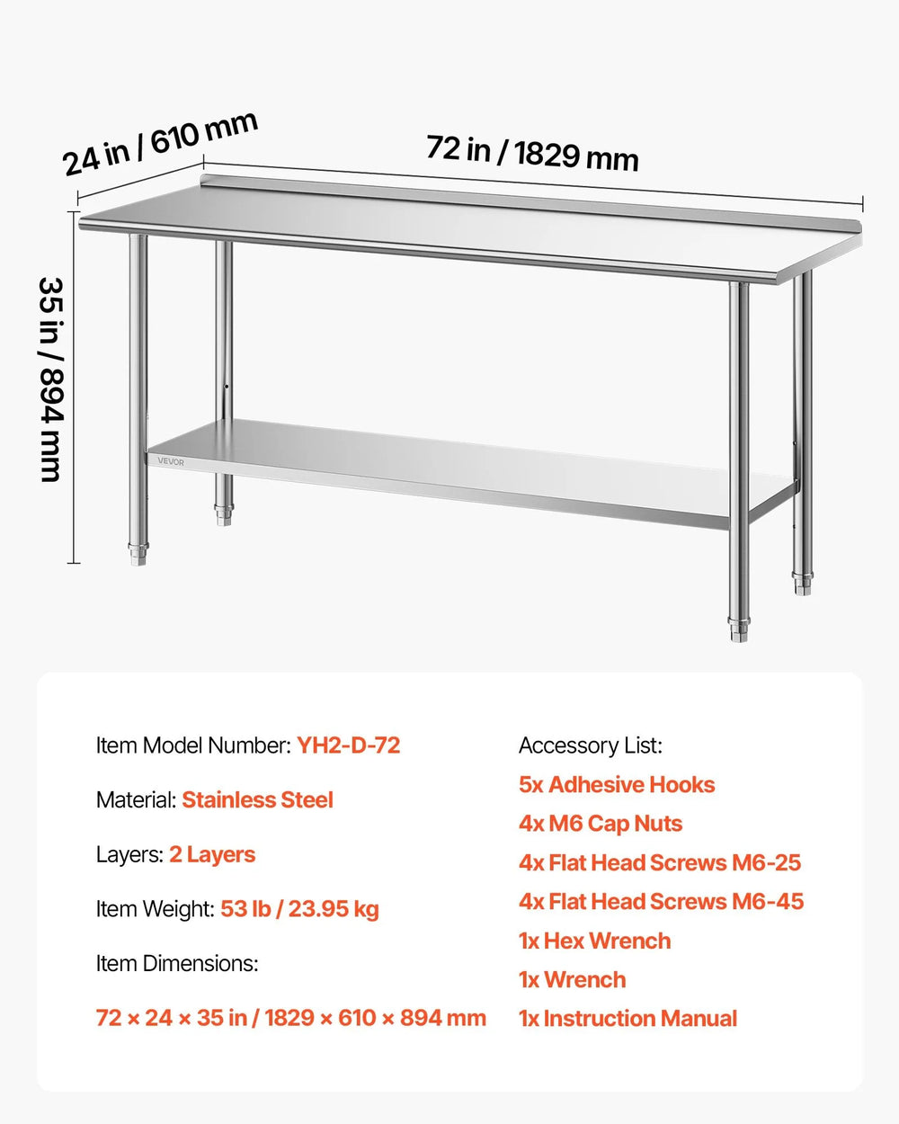 Vevor Work Table Stainless Steel 24" x 72" Food Prep Table with Backsplash New