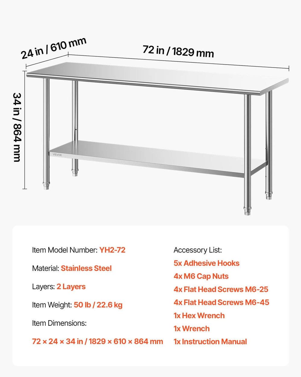 Vevor Prep Table 24" x 72" Stainless Steel Workstation with Adjustable Undershelf New