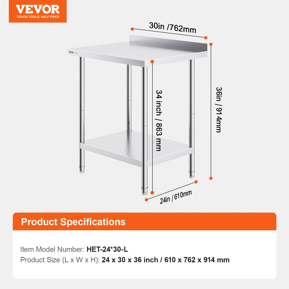 Vevor Stainless Steel Prep Table 24" x 30" with Adjustable Undershelf New