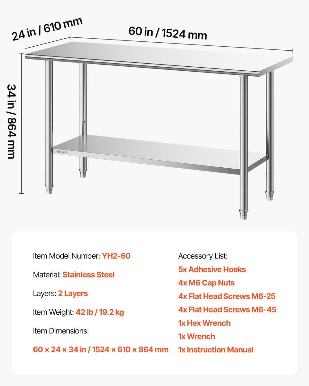 Vevor Work Table Stainless Steel 24" x 60" Food Prep Table with Adjustable Undershelf New