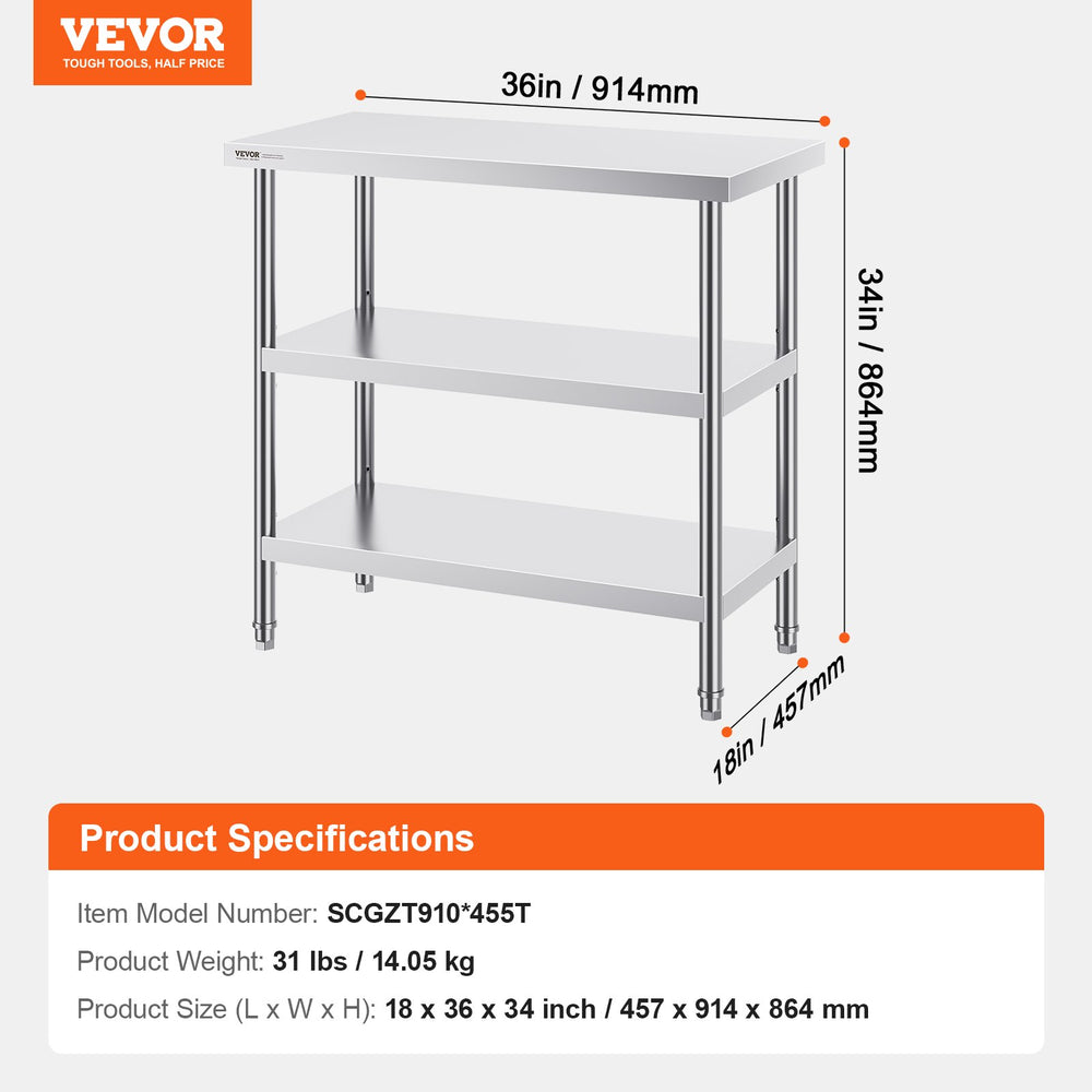 Vevor Prep Table Stainless Steel 18" x 36" Commercial Worktable with 2 Adjustable Shelves New