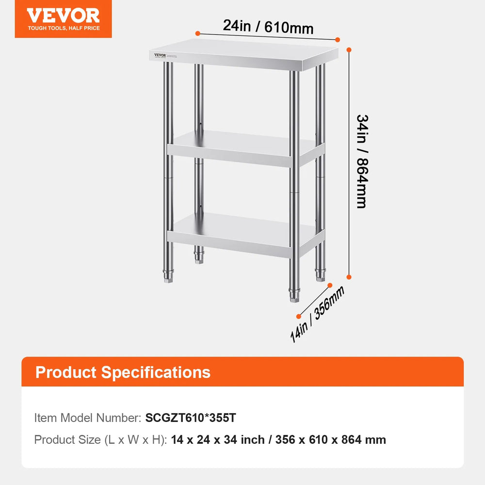 Vevor Prep Table 14" x 24" Stainless Steel Worktable with 2 Adjustable Shelves New