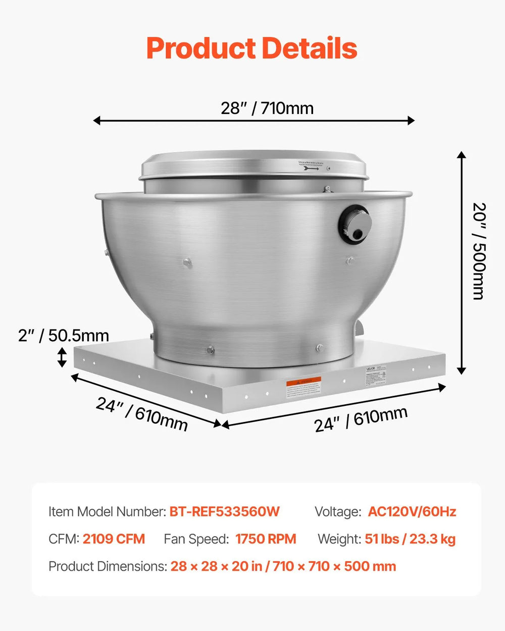 Vevor Commercial Kitchen Exhaust Fan 2,109 CFM 3/4 HP 560W New