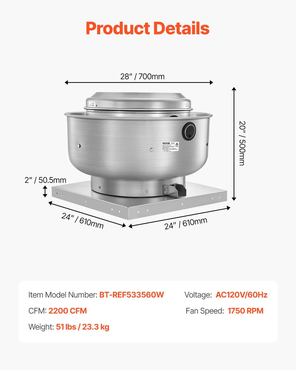 Vevor Restaurant Hood Exhaust Fan High Speed 2200 CFM Upblast 560W New