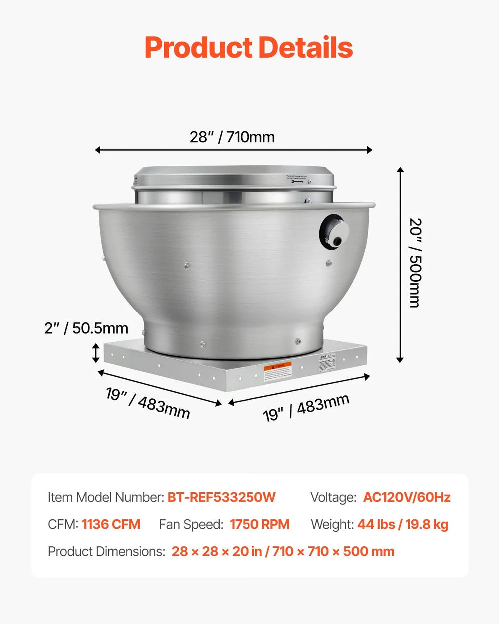 Vevor Commercial Kitchen Exhaust Fan 1,136 CFM 1/3 HP 250W Direct Drive New