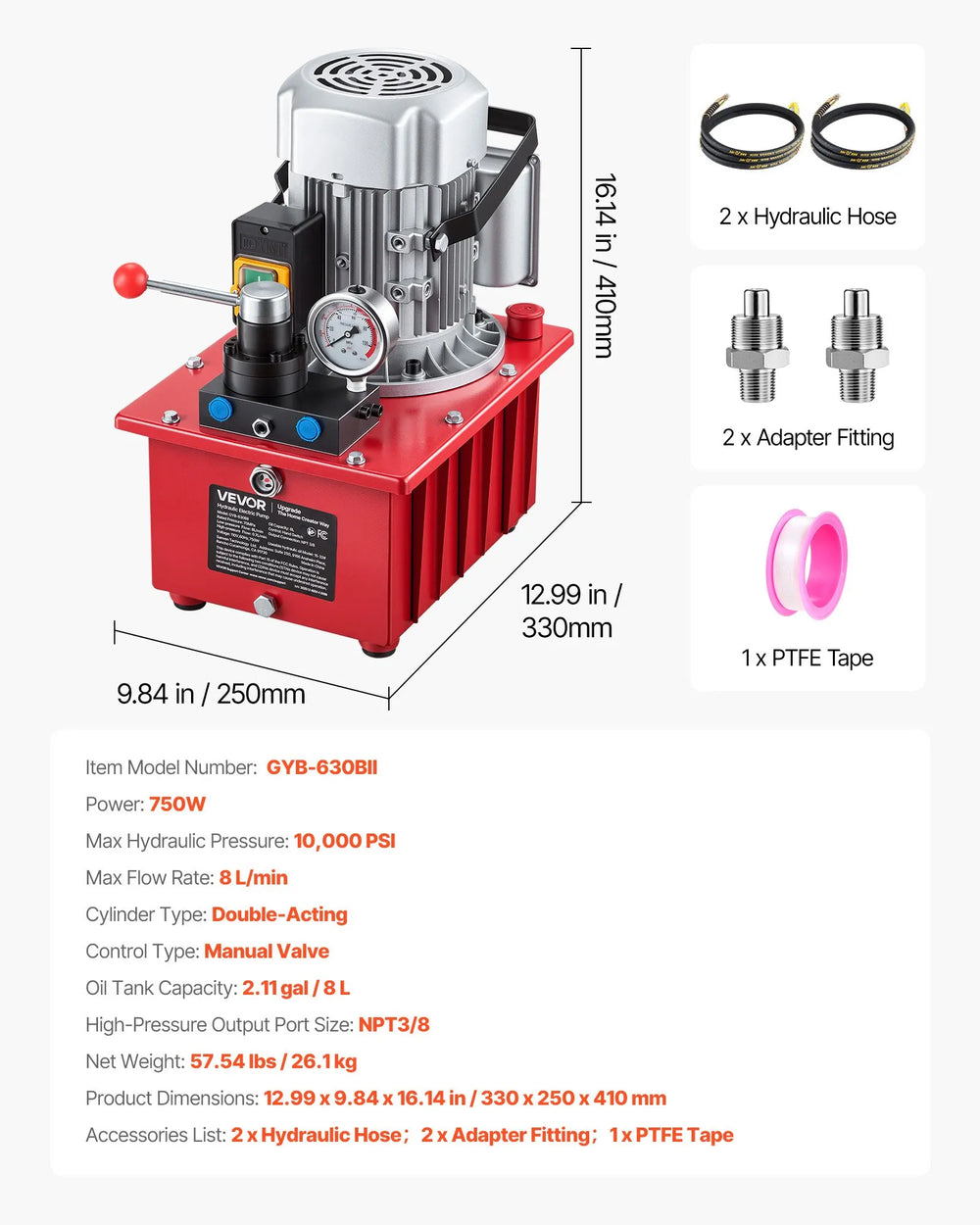 Vevor Hydraulic Pump Electric Driven 10,000 PSI Double Acting Manual Valve 750W 120V New