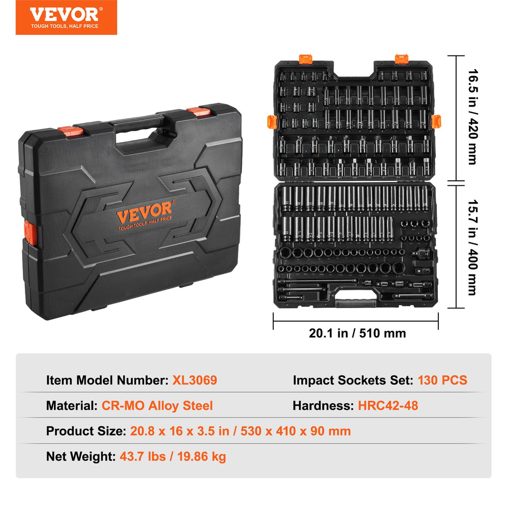 Vevor Impact Sockets Set 130PCS 6-Point 3/8" & 1/2" Drive Bit Ratchet Tool Kit New