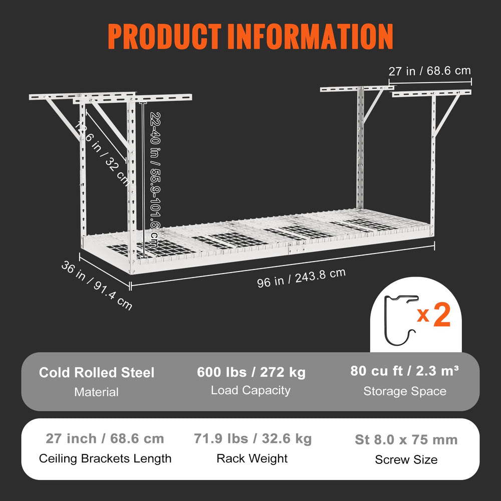 Vevor Overhead Garage Storage Rack 3' x 8' Adjustable Height 600 lbs Capacity New