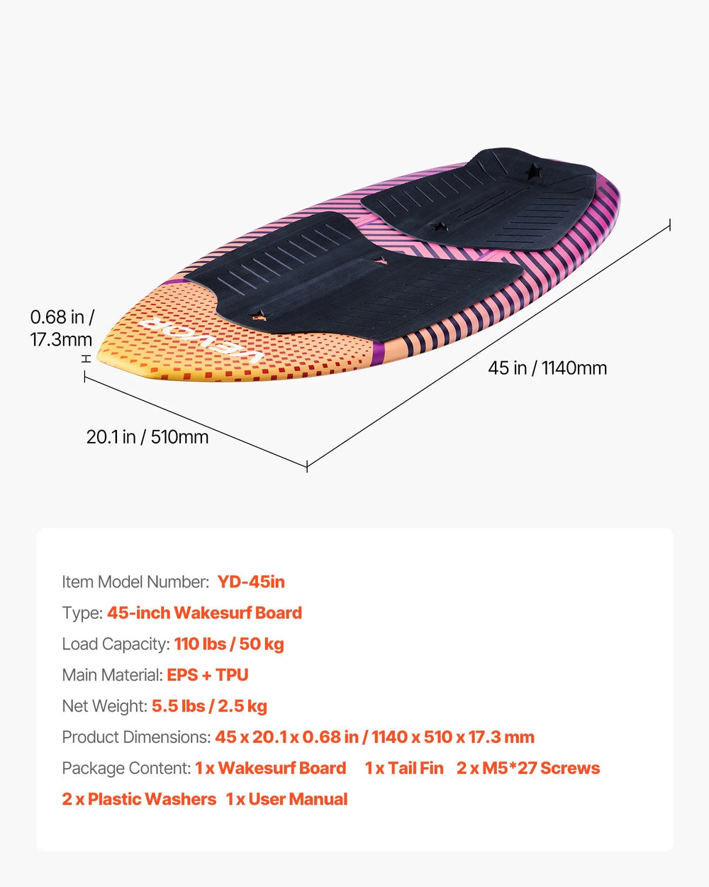 Vevor Wakesurf Board 45 in. with Non-Slip Pad Tail Fin New