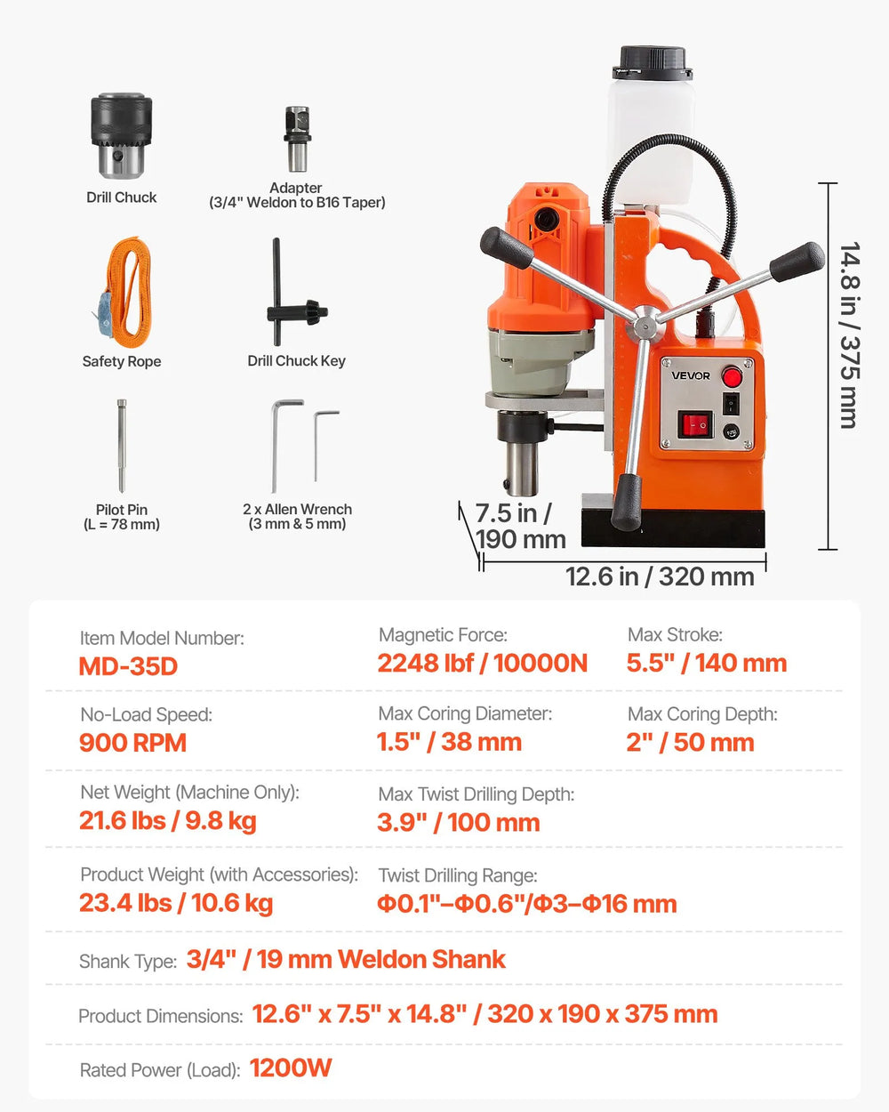 Vevor Magnetic Drill Press 1200W 1.5" Boring Diameter 900 RPM with Weldon Shank New