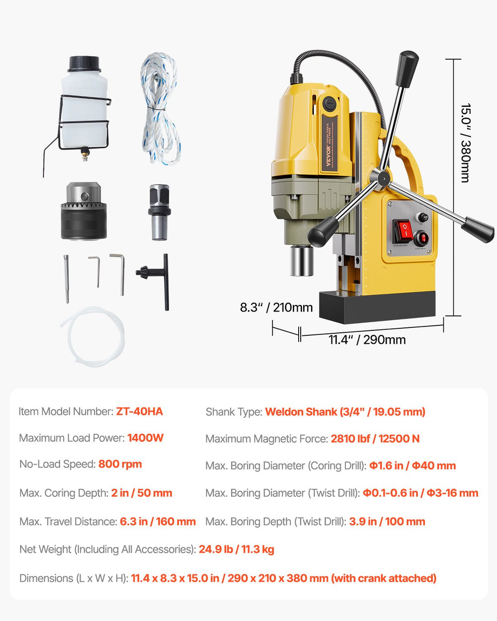 Vevor Magnetic Drill 1400W 12500N 40mm Boring Diameter 800 RPM New