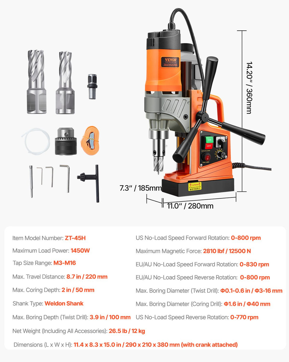 Vevor Magnetic Drill Press 1450W 800 RPM with 2 Coring Bits New