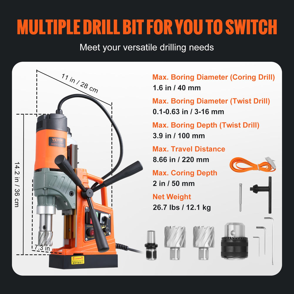 Vevor Magnetic Drill 1.57" Boring Diameter 800RPM with Variable Speed 1450W New