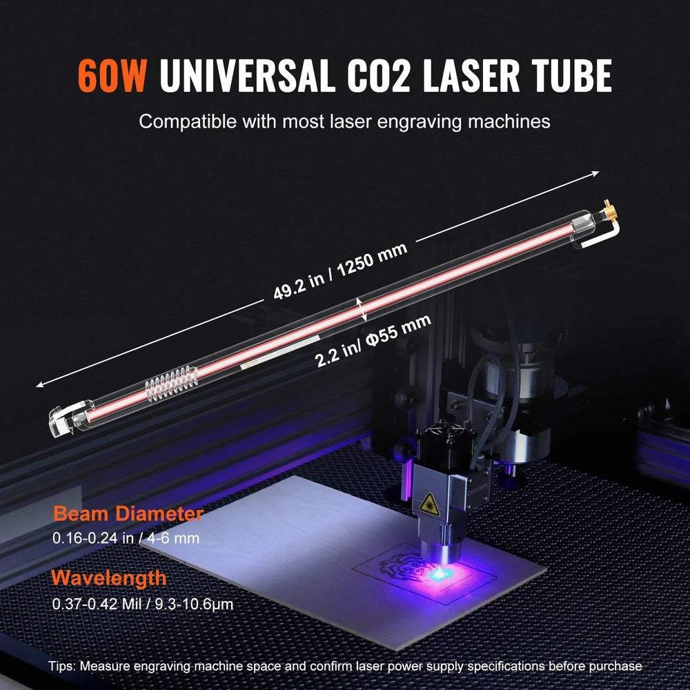 Vevor CO2 Laser Tube for Engraving Machine 60W Borosilicate Glass 49.2" New