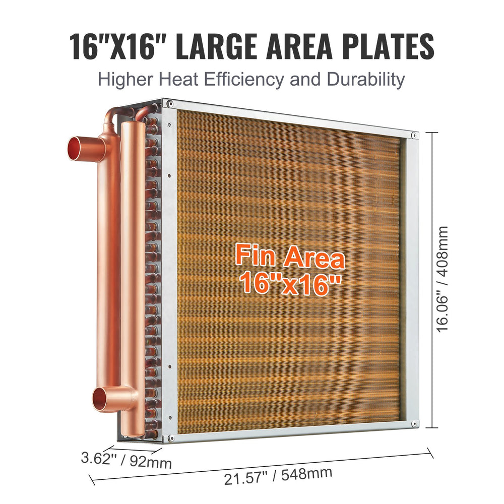 Vevor Heat Exchanger Water to Air 16" x 16" with 3-Row 3/8" Copper Ports 193 Aluminum Fins New