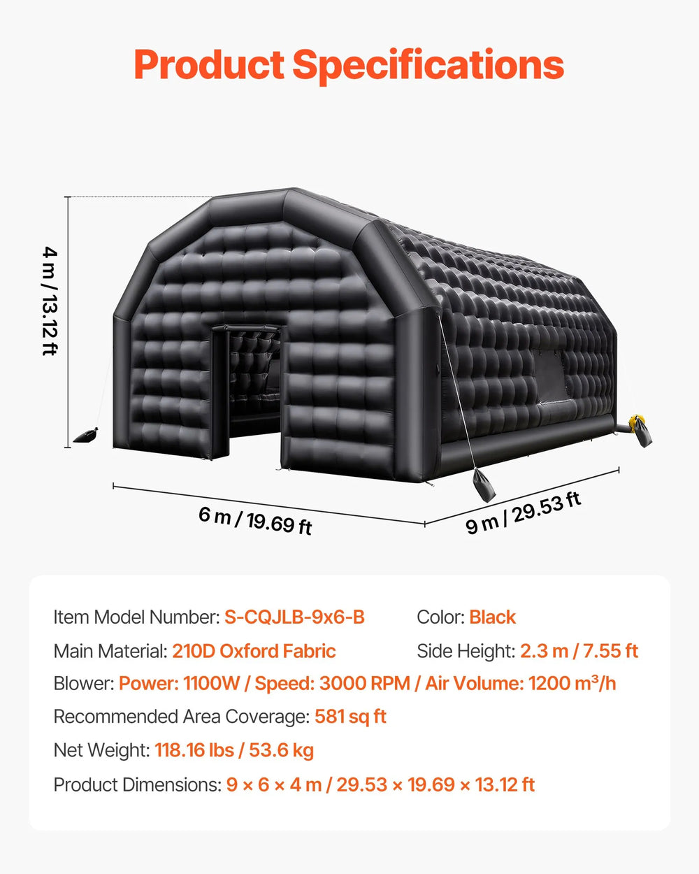 Vevor Inflatable Nightclub 29.5' x 19.7' x 13.1' Blow-Up Party Tent 581 Sq Ft Waterproof 1100W Blower New