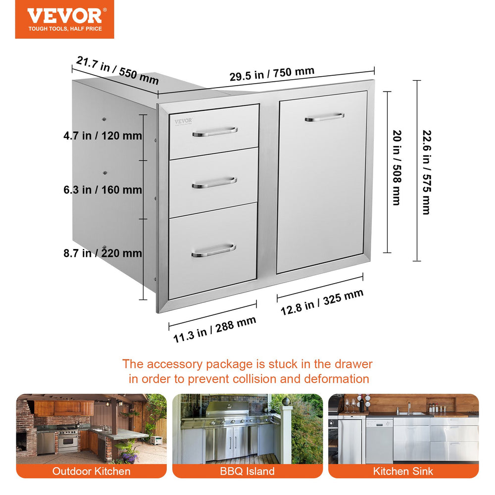 Vevor Outdoor Kitchen Drawer Combo with Garbage Ring 29.5"W x 22.6"H x 21.7"D Stainless Steel New