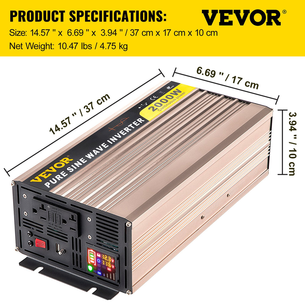 Vevor Pure Sine Wave Inverter 2000W DC 12V to AC 110V with LED Display and USB Port New