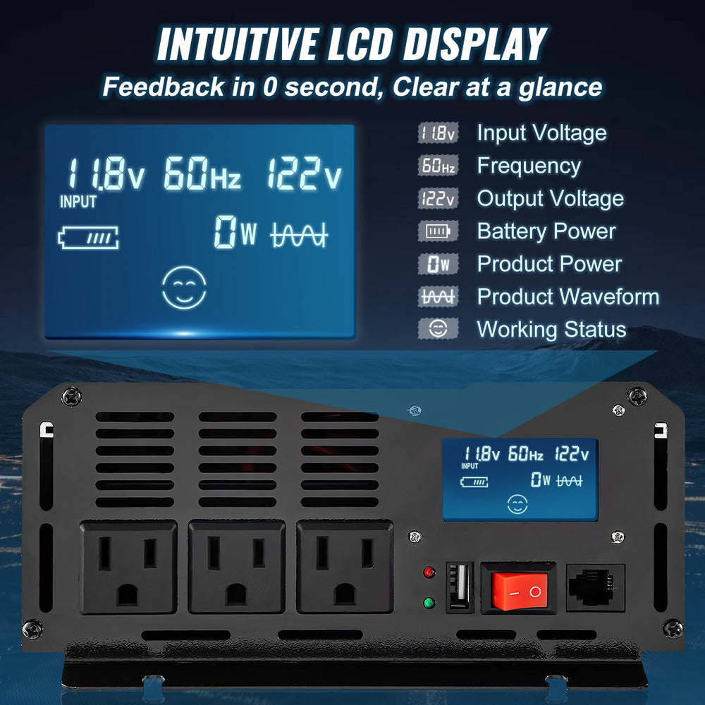 Vevor Pure Sine Wave Inverter 2500W DC 12V to AC 120V LCD Display and Remote Controller New