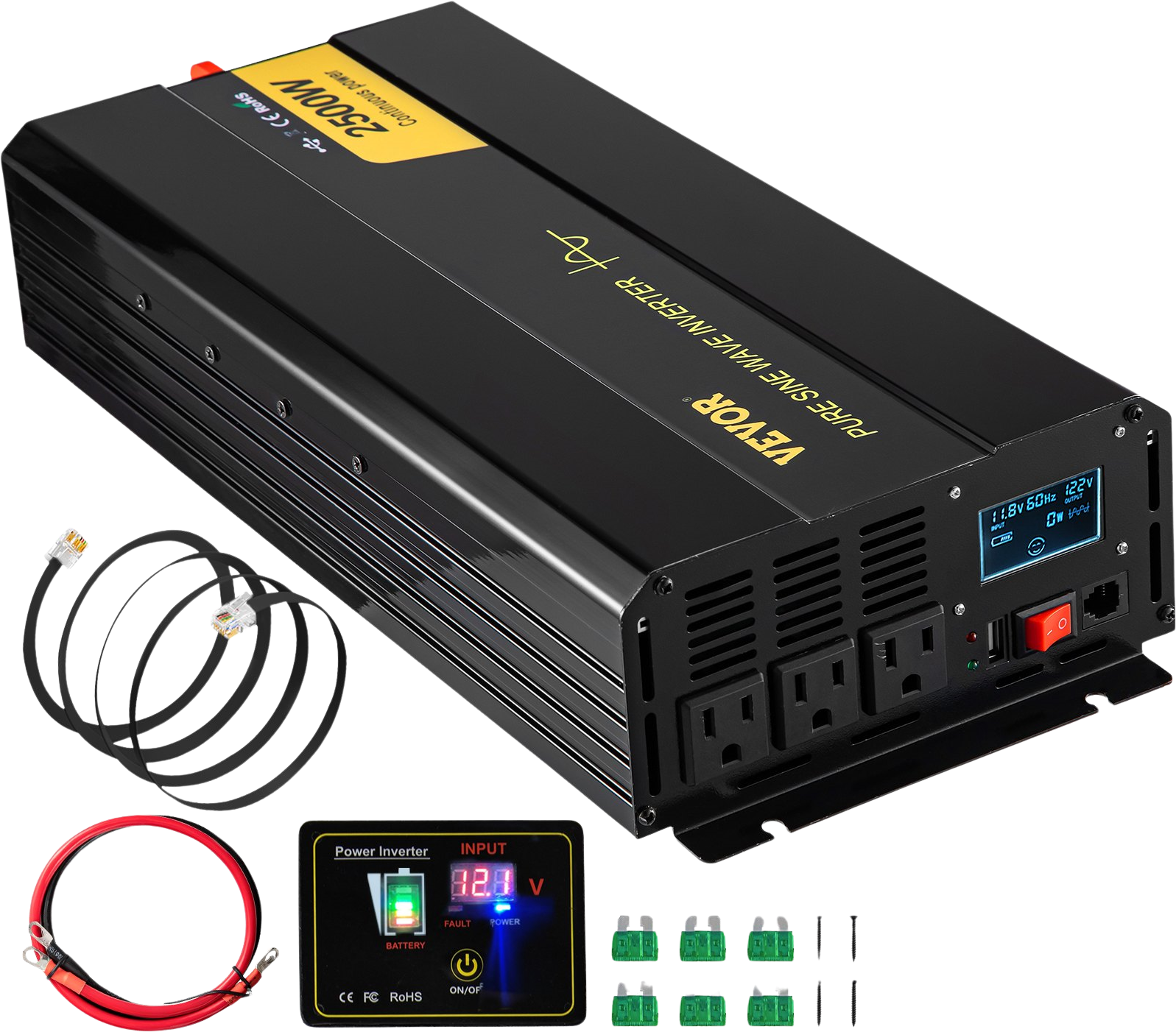 Vevor Pure Sine Wave Inverter 2500W DC 12V to AC 120V LCD Display and Remote Controller New