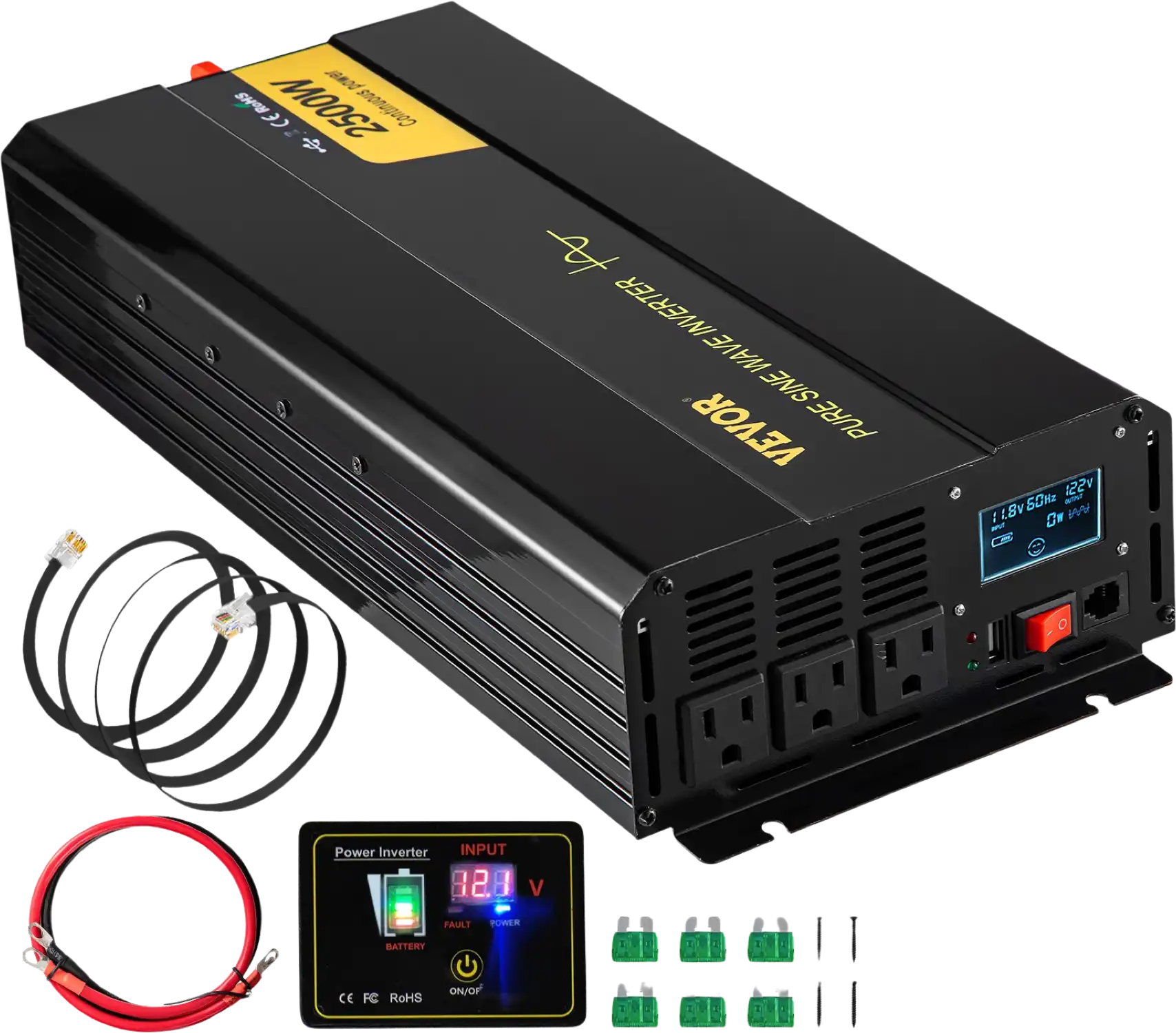 Vevor Pure Sine Wave Inverter 2500W DC 12V to AC 120V LCD Display and Remote Controller New