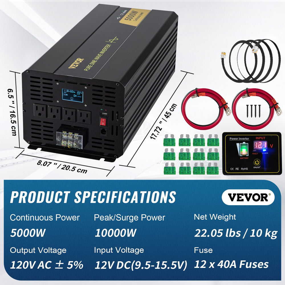 Vevor Pure Sine Wave Inverter 5000W DC 12V to AC 120V with LCD Display and Remote Controller New