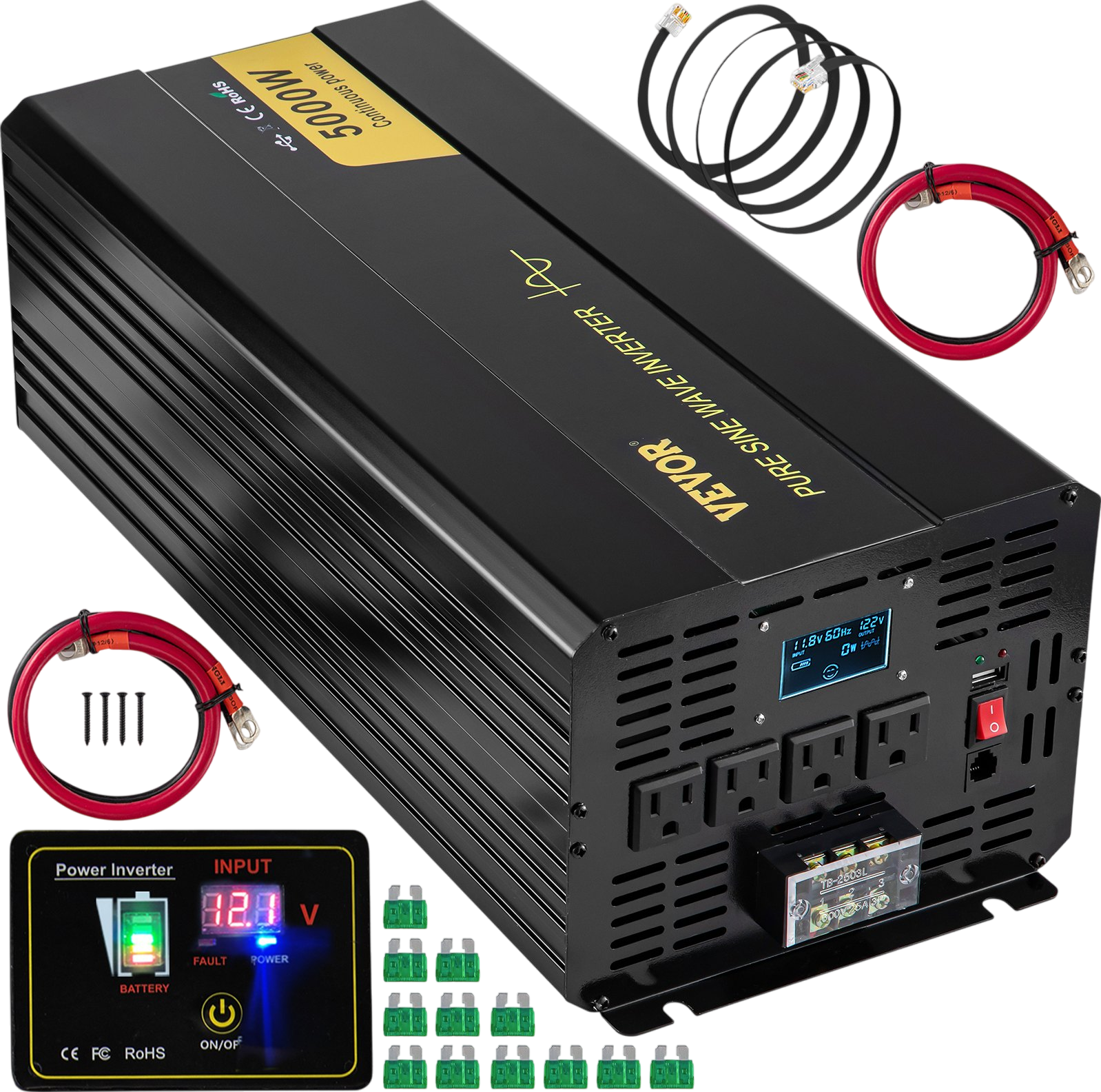 Vevor Pure Sine Wave Inverter 5000W DC 12V to AC 120V with LCD Display and Remote Controller New