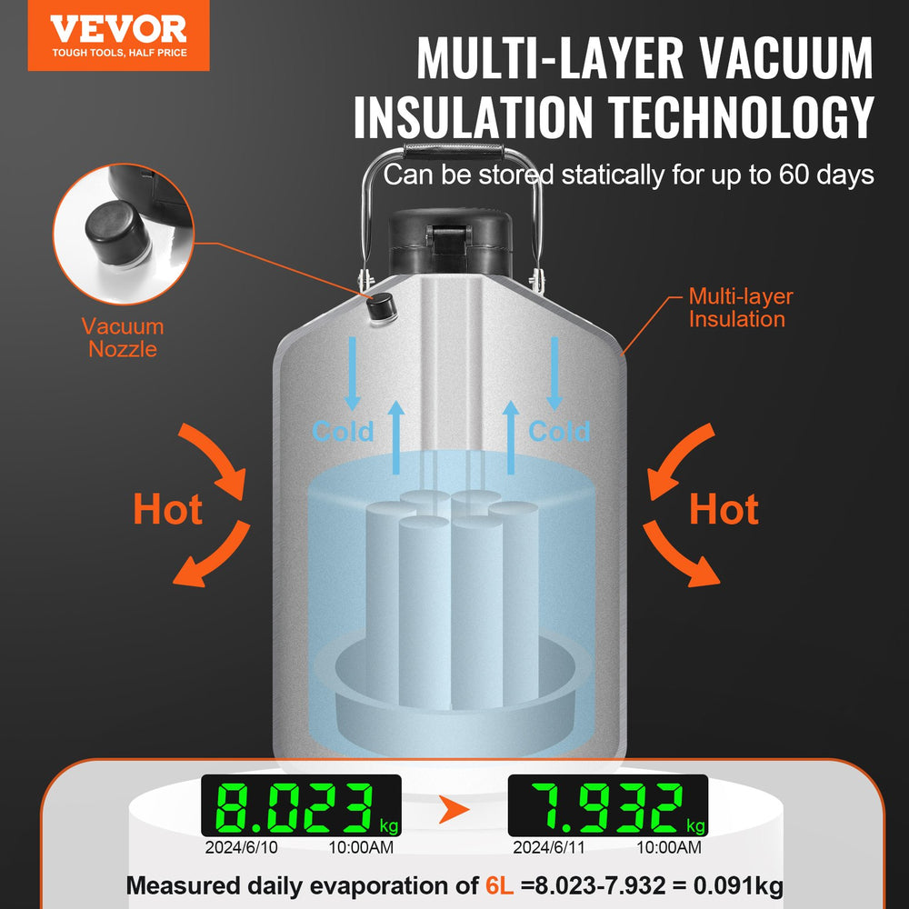 Vevor Liquid Nitrogen Tank 6L Aluminum Alloy LN2 Container Dewar with 6 Canisters New