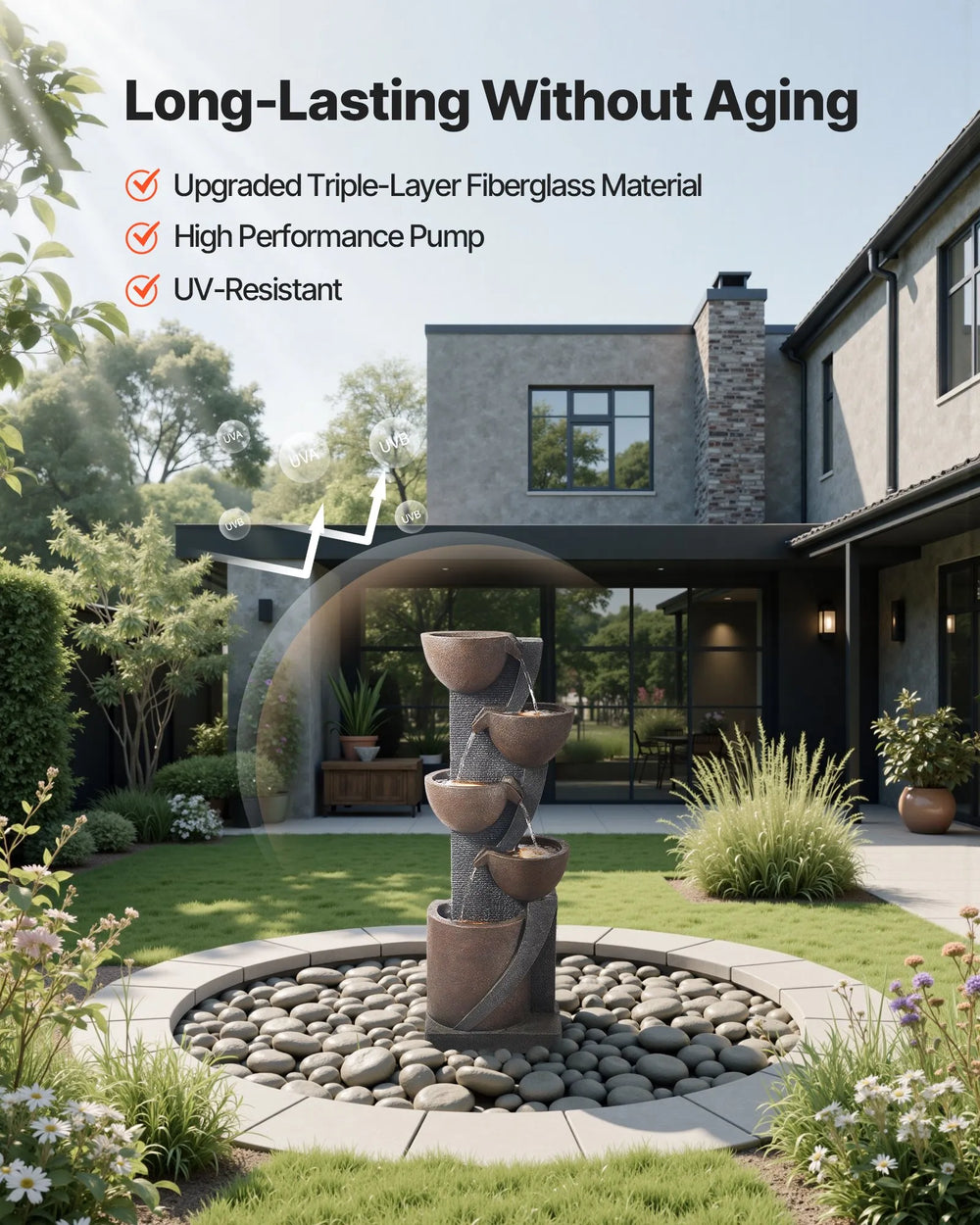 Vevor Outdoor Water Fountain 49.6 in. 5-Tier Cascading Jars with LED Light and Pump New