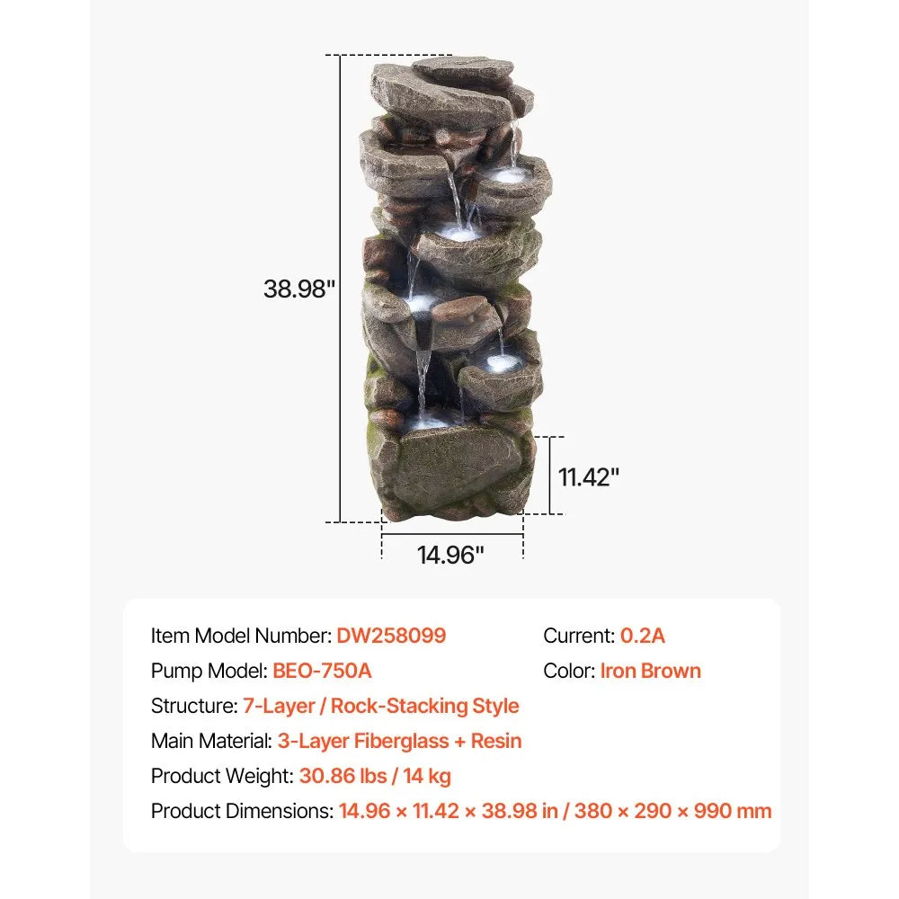 Vevor Outdoor Water Fountain 38.9 in. 7-Tier Rock-Shaped Waterfall with LED Light Pump New
