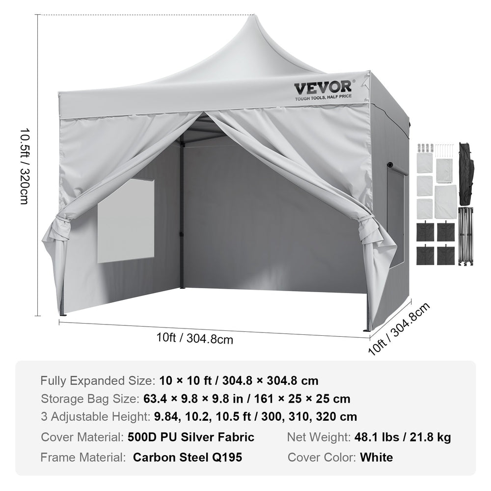 Vevor Pop Up Canopy Tent 10' x 10' with Removable Sidewalls UV Resistant Waterproof New