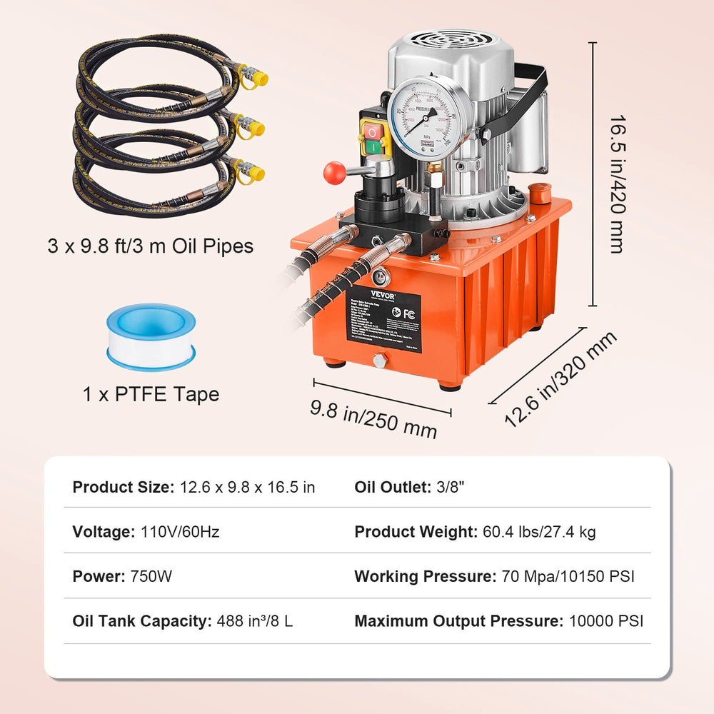 Vevor Hydraulic Pump 10000 PSI 750W 110V Double Acting Manual Valve Electric New